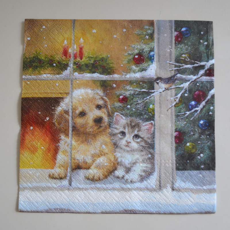 Decoupage servett - hundvalp och kattunge