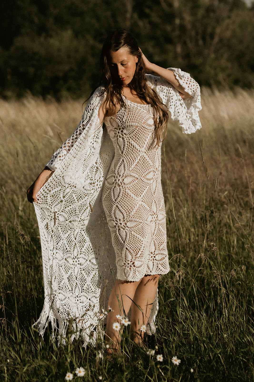 Handmade crochet loose sleeve fringe cardigan WHITE