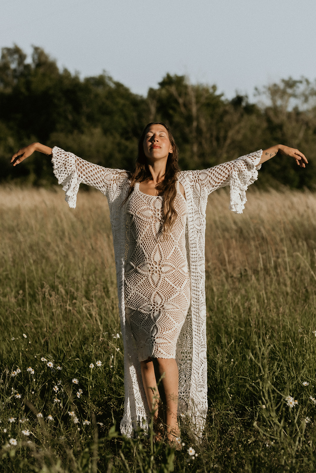 emmaoclothing - Handmade crochet loose sleeve fringe cardigan WHITE