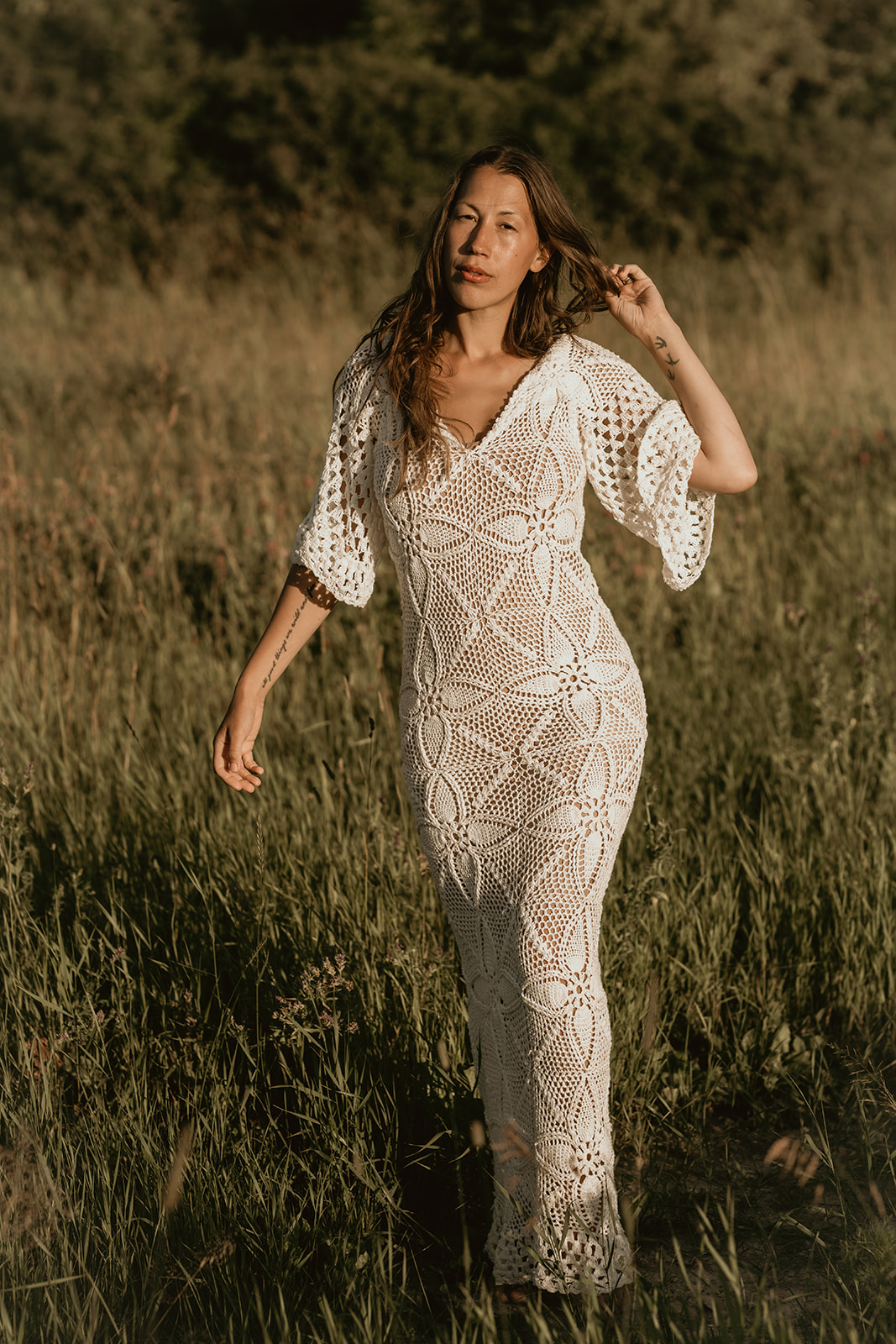 Handmade crochet loose sleeve wedding dress WHITE