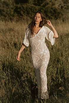 Handmade crochet loose sleeve wedding dress WHITE