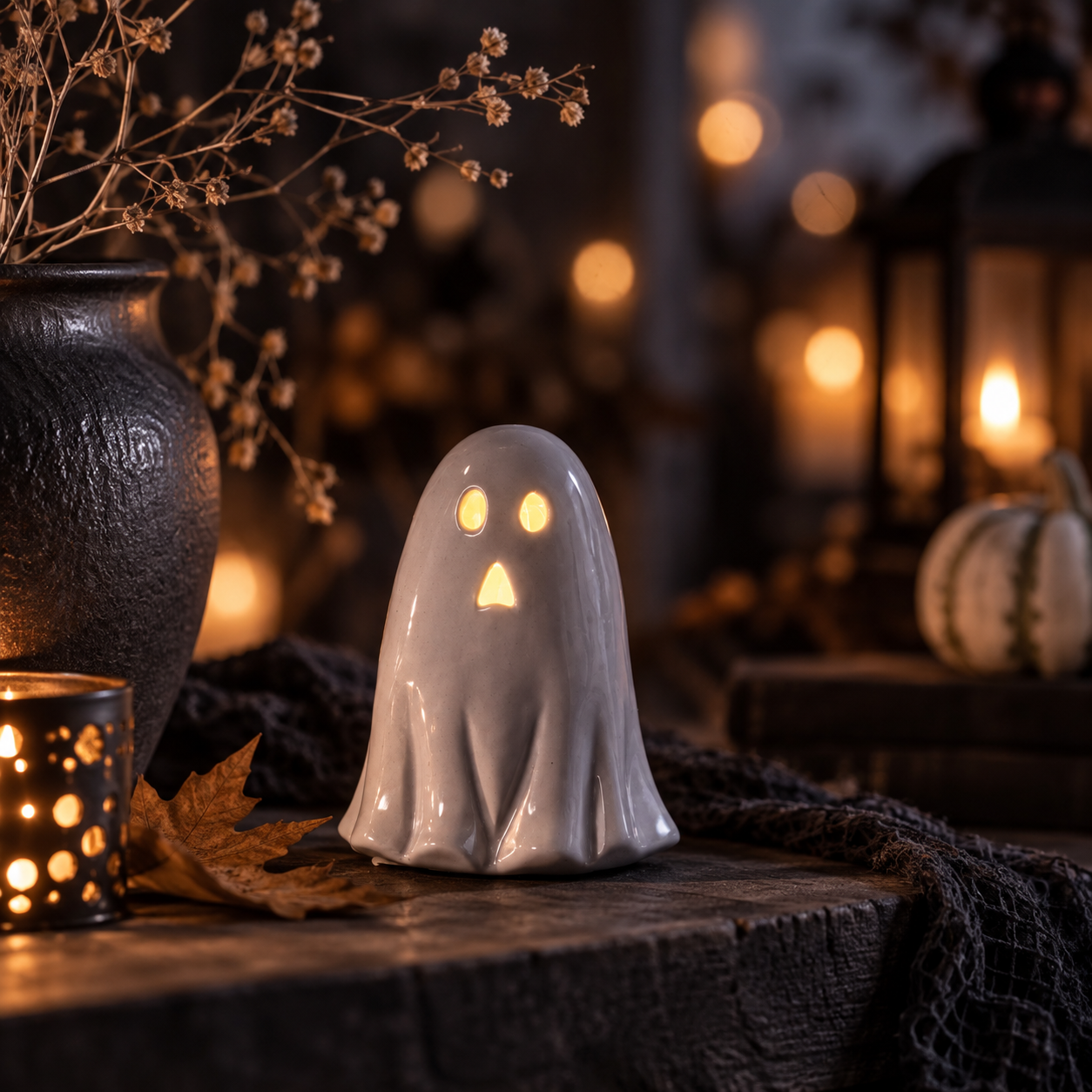 Ghost - Spöke med belysning - Ljusgrå Keramik - Batteridriven