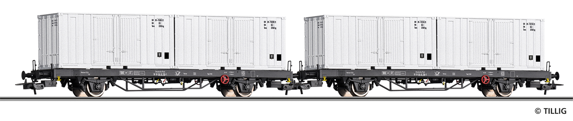 Güterwagenset der Deutschen Post, bestehend aus zwei Containertragwagen Post aa-t/12,8 beladen mit zwei 20' Container, Ep. IV