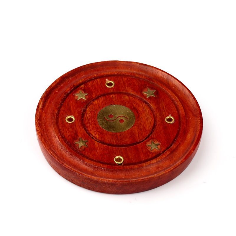 Mango Wood Ash Catcher Incence Burner with Yin Yang Inlay - 3