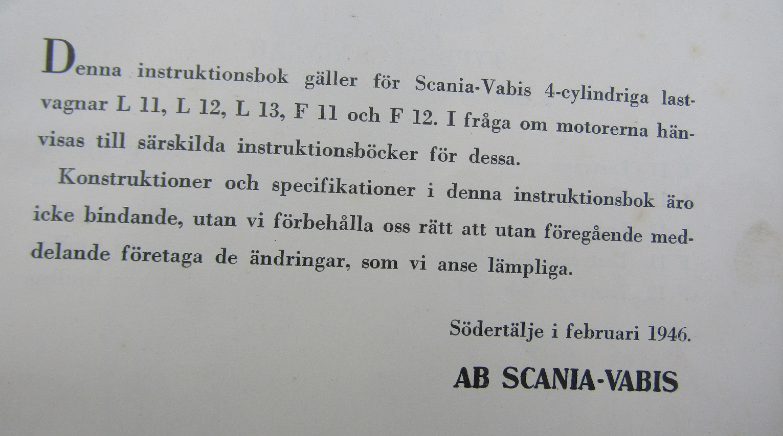 1946 Scania-Vabis L 11, L 12, L 13, F 11, F 12 Lastvagnar Instruktionsbok Nr 1 - 3