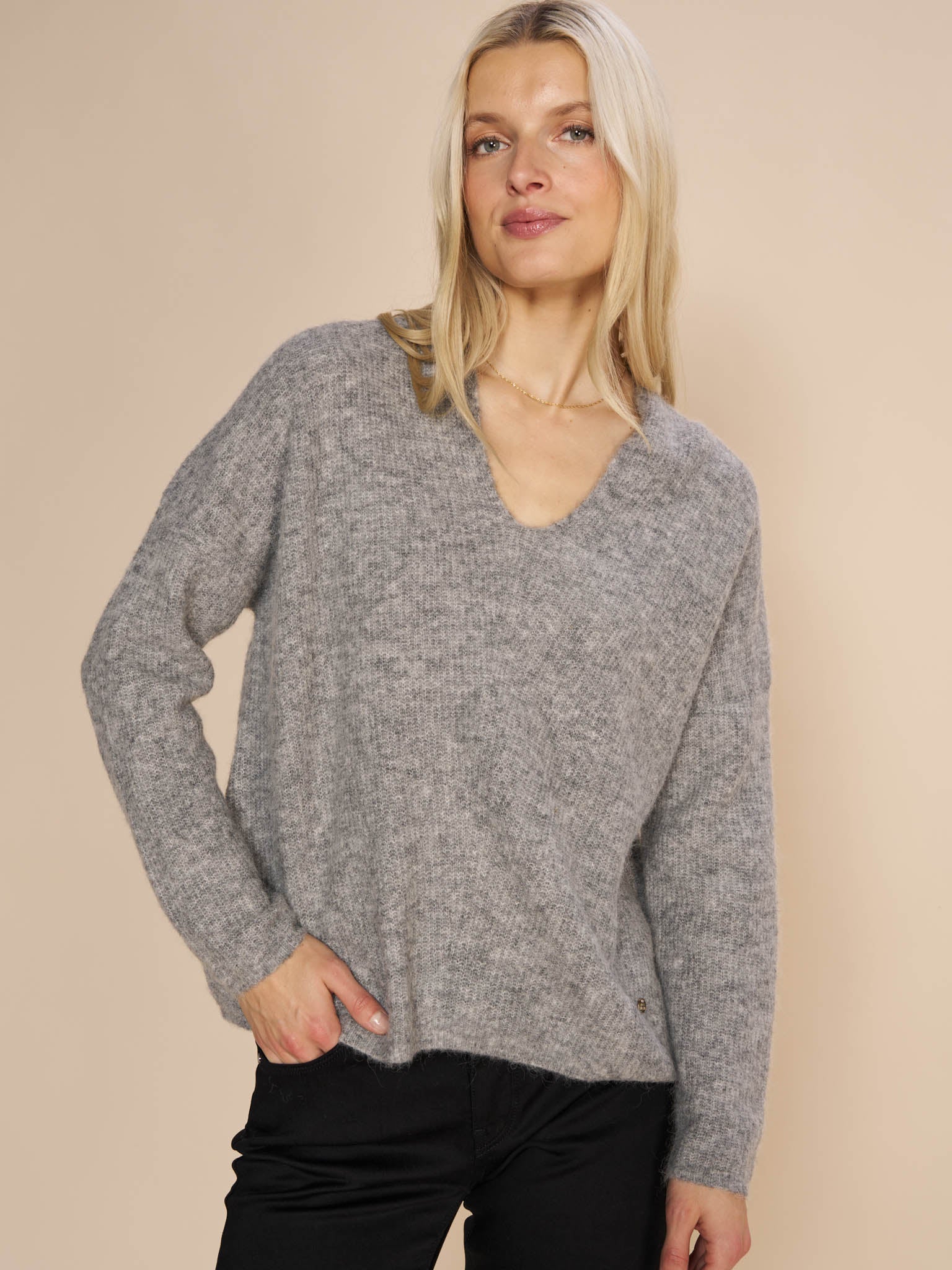 Mos Mosh Thora V-Neck Knit Grey Mel. - 2