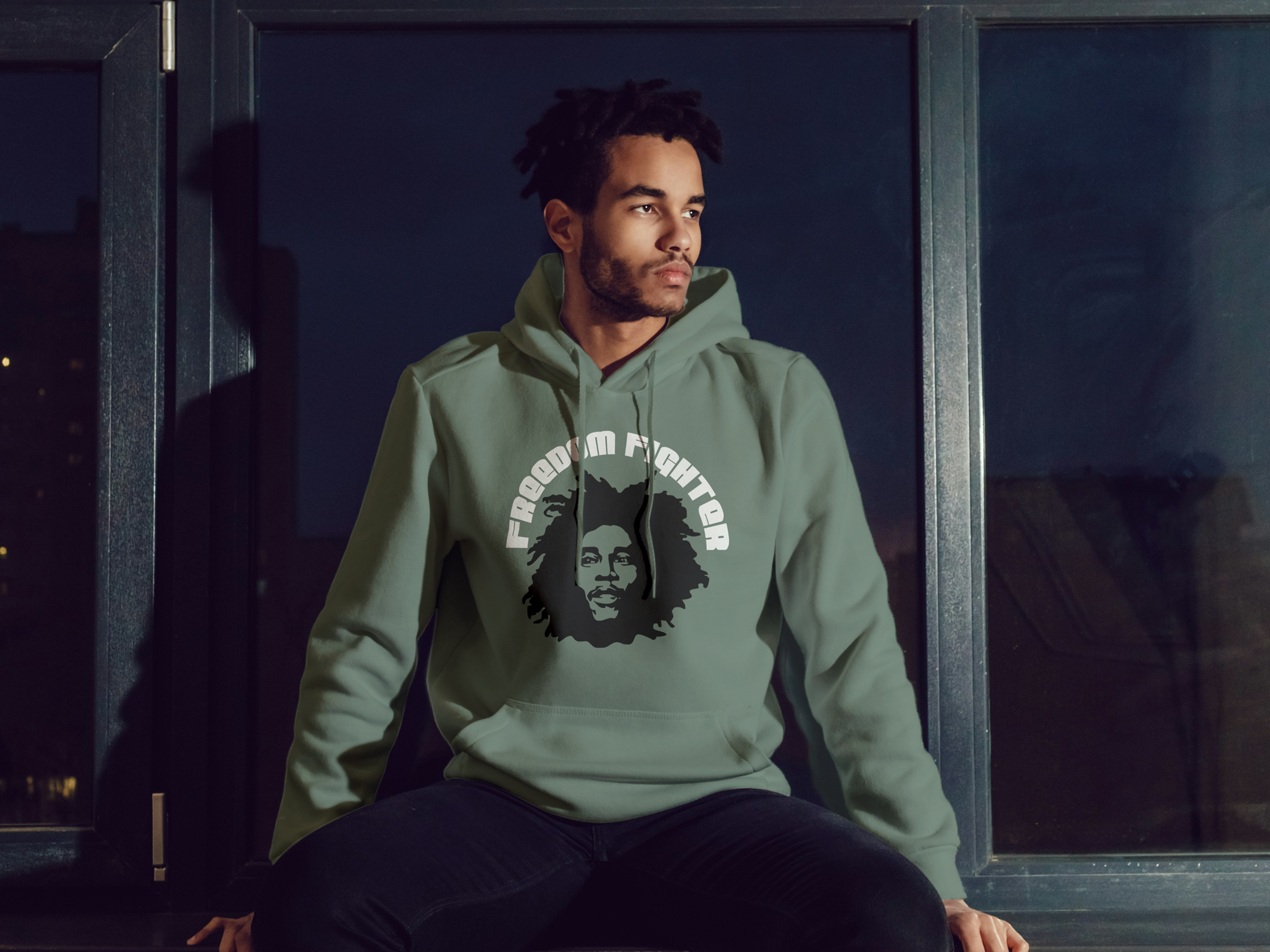 Bob Marley Freedom Fighter Hoodie  Military Green