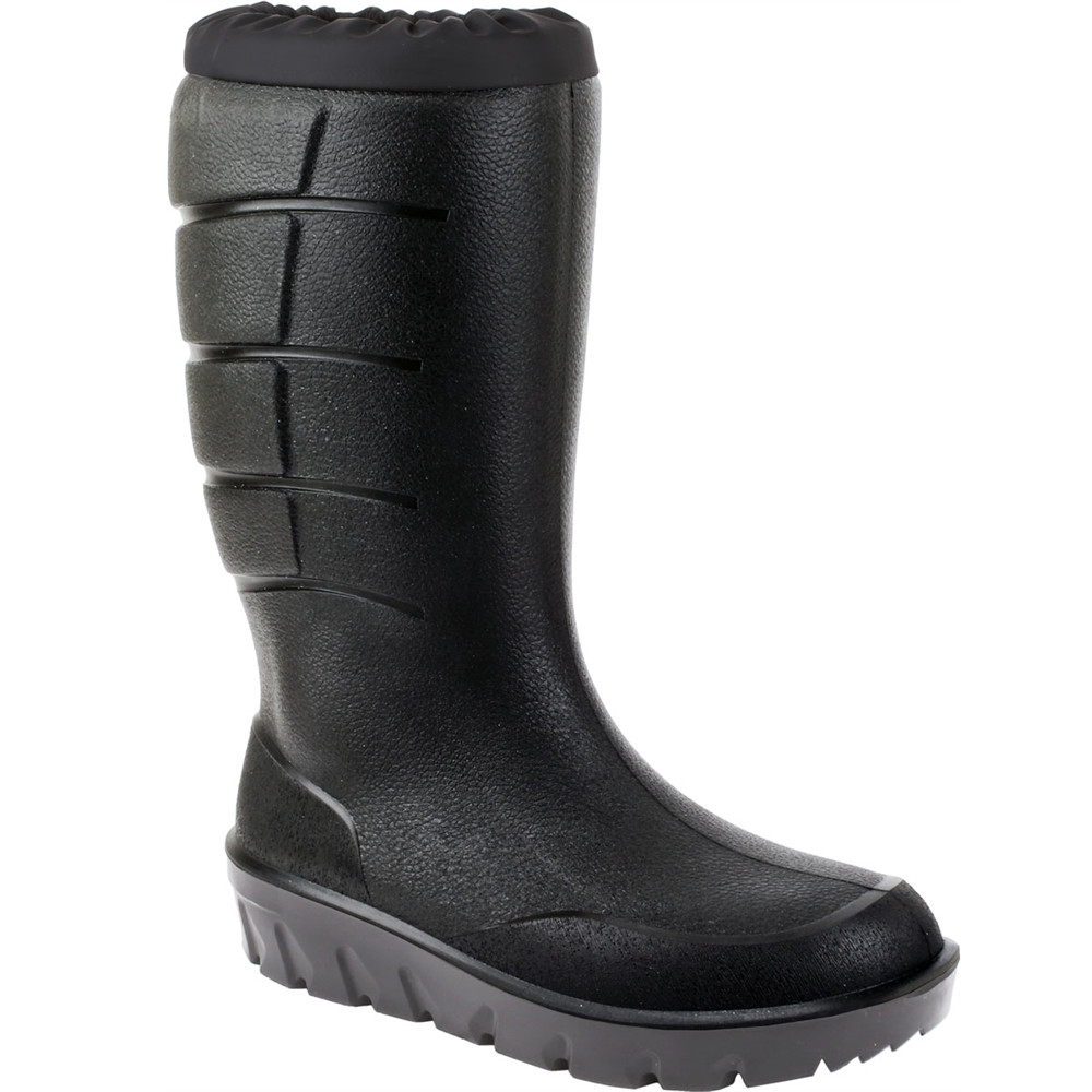 Igloo Termo PU -50°C. Schwarzer Stiefel in hoher Ausführung mit grauer Sohle. Der Hintergrund ist weiß. Die Innenseite des Stiefels hat ein weißes Innenfutter aus Wolle und Polyester. Der obere Teil des Stiefels hat einen schwarzen Schneekragen.