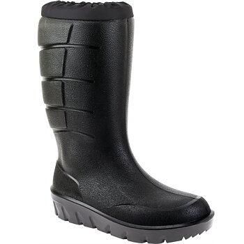 Igloo Termo PU -50°C. Black high-cut boot with a gray sole. The background is white. The inside of the boot has a white inner lining made of wool and polyester. The top of the boot has a black snow collar.