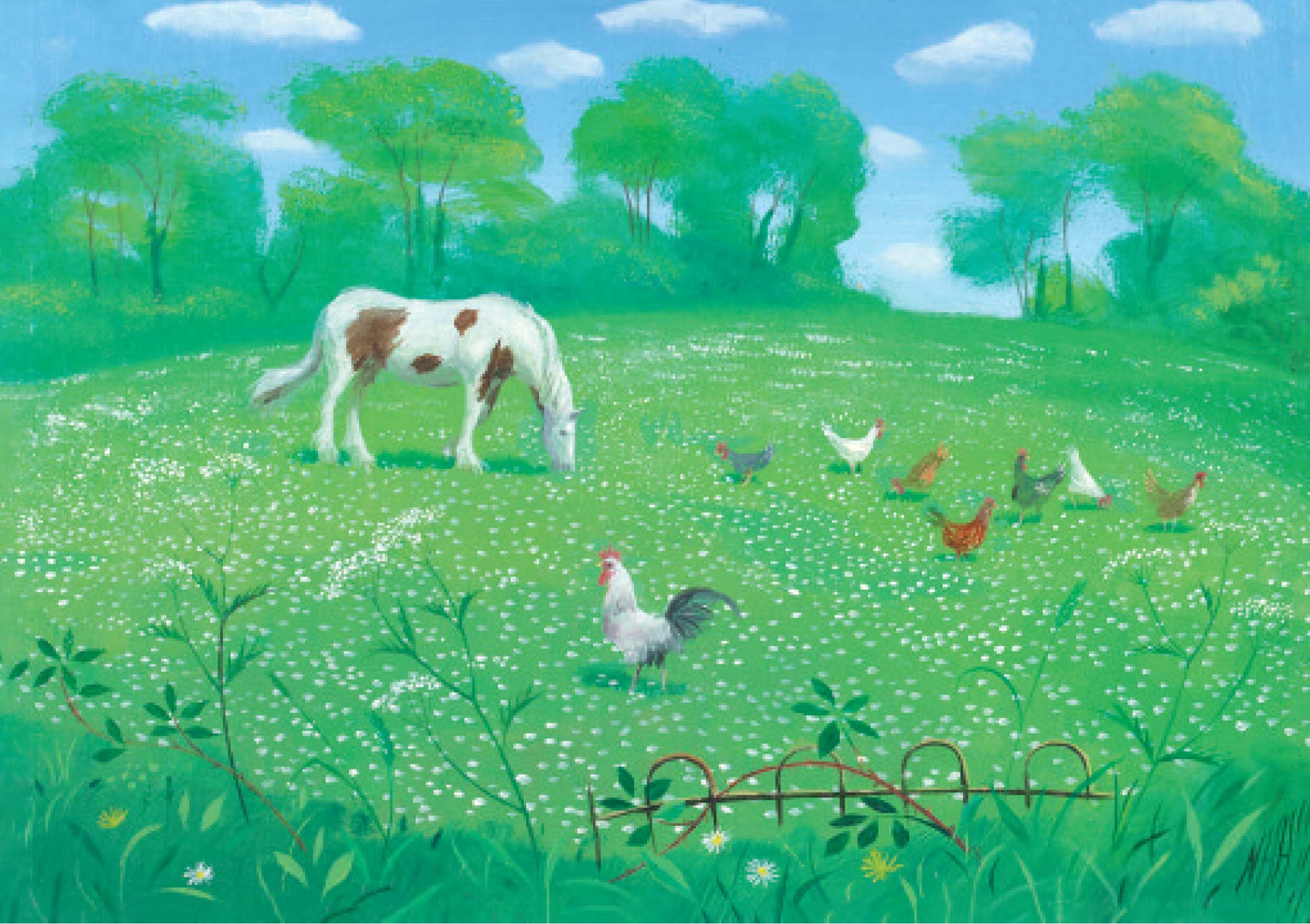 A Piebald Horse and Chickens at Chettle, Greeting Card