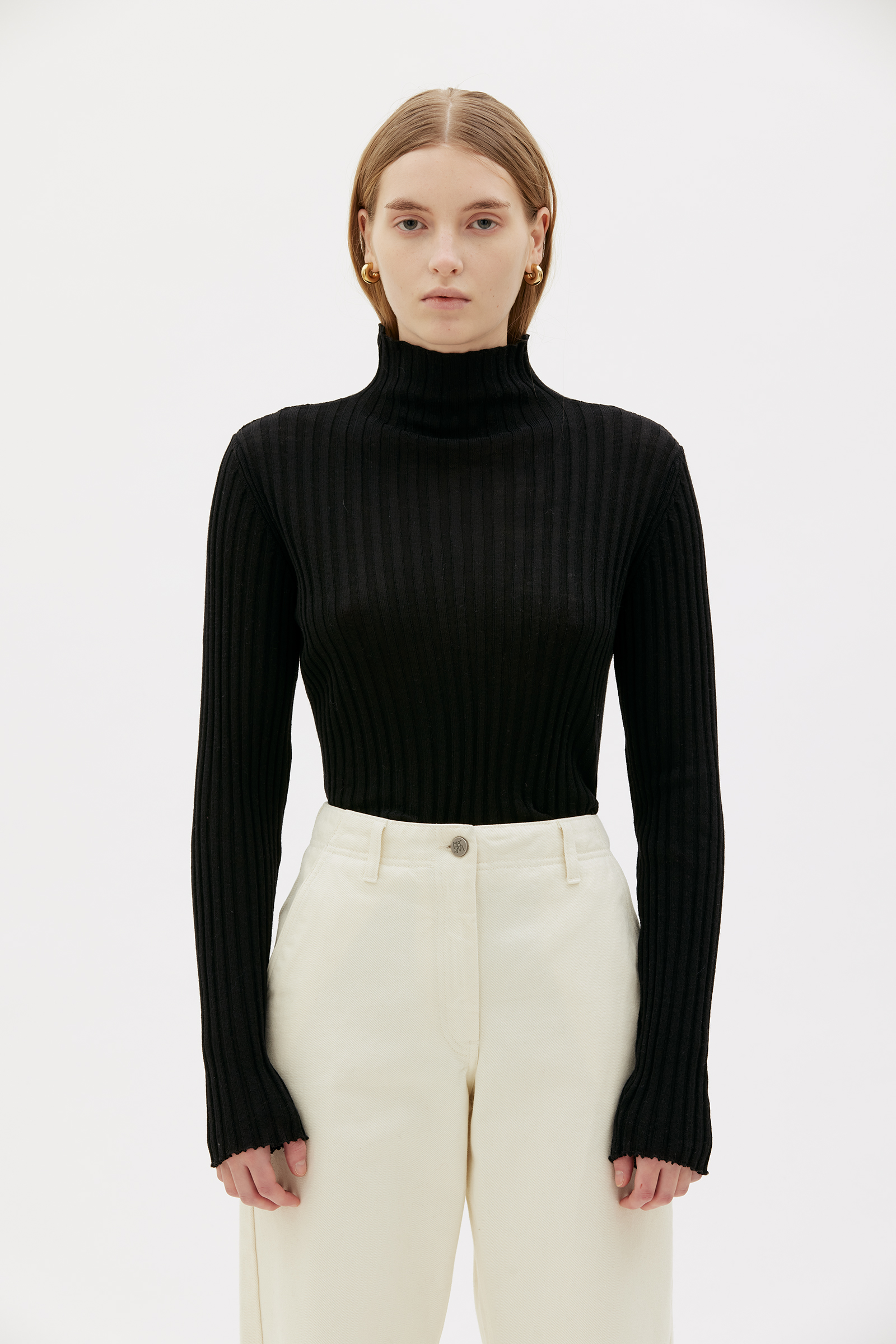 Arvi ribbed fine knitted wool mock neck top Black