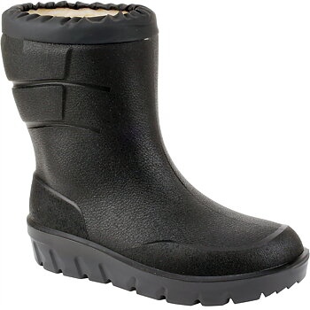 Igloo Termo PU Low -50°C. Black low-cut boot with a gray sole. White background. White inner lining made of wool and polyester. The top of the boot has a black snow collar.