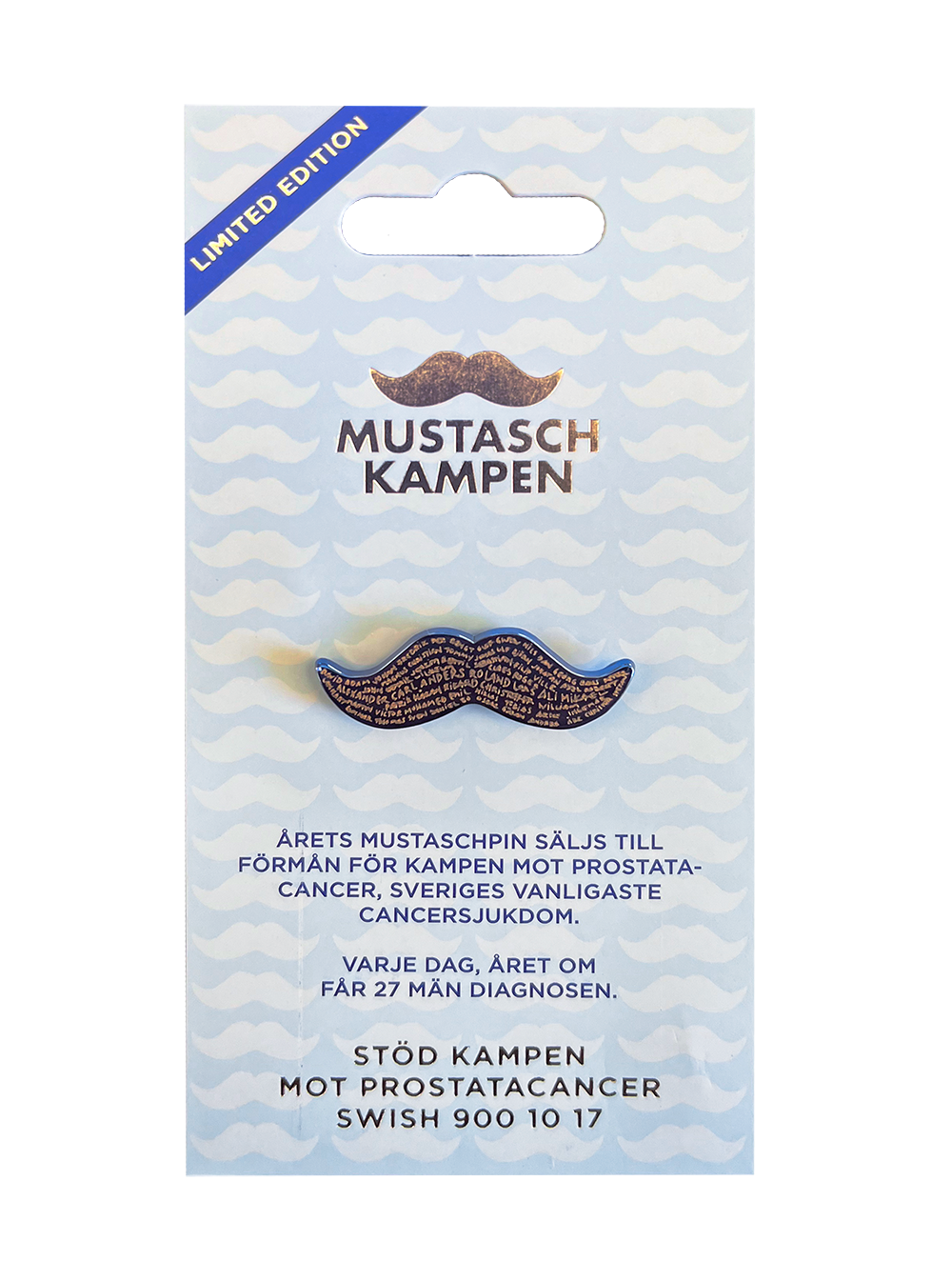 Blå limiterad mustaschpin från 2024 med förpackning