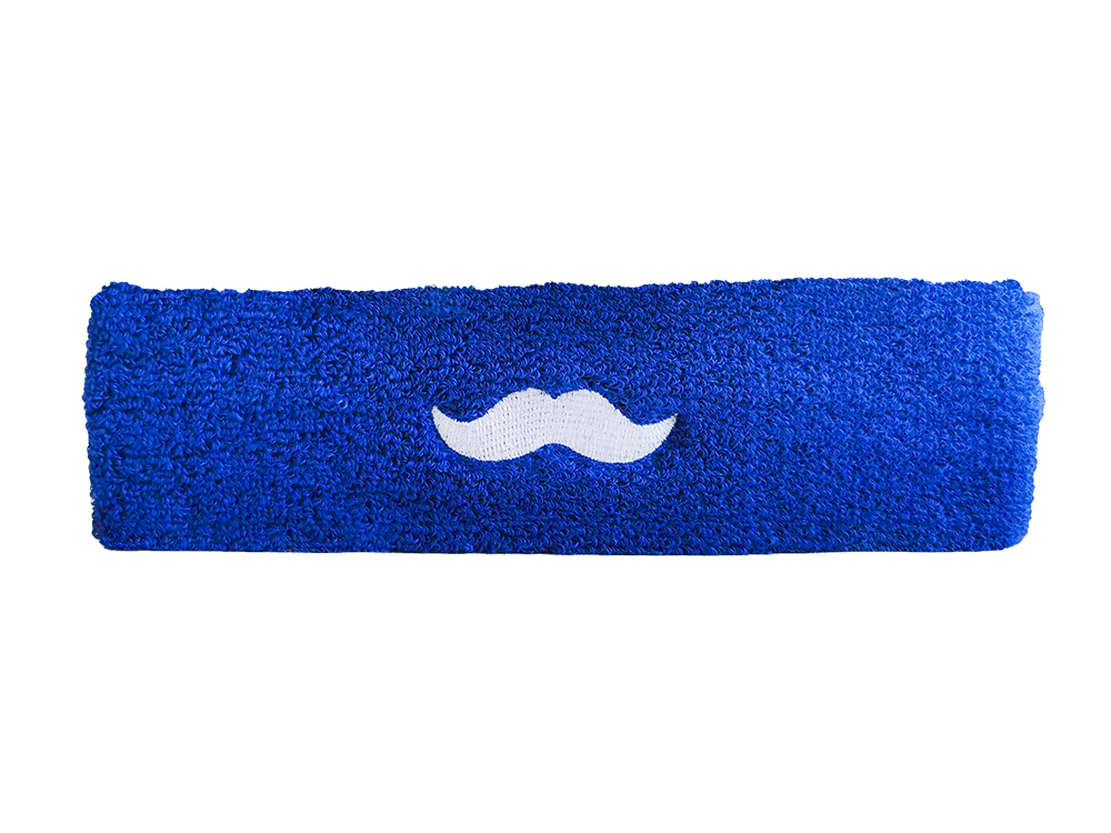 Blått pannband för huvud med vit mustaschsymbol