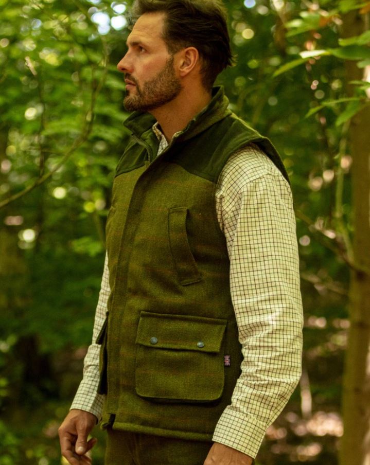 NU !!   50% RABATT*****  Engelsk Tweedväst- Tweed Waistcoat  With Moleskin Shoulder Patch DARK SAGE - 3
