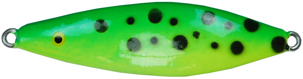 This small spoon lure is an immensely popular lure for rainbow trout and other introduced fish. Throwing long, green dots