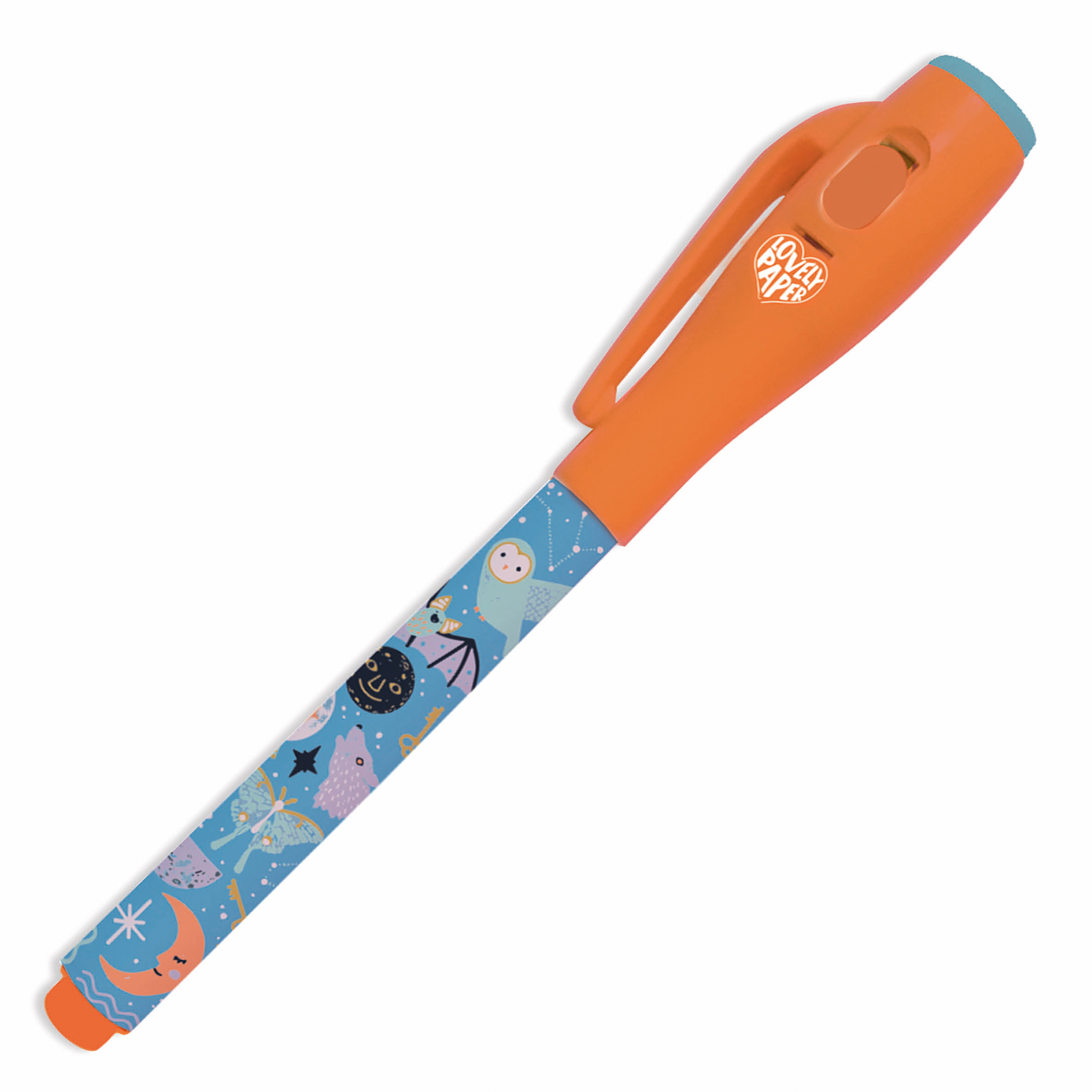 Magisk penna, orange och blå med söta små figurer på.