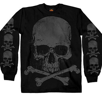Jumbo Print Skull And Cross Bones Long Sleeve Black T-Shirt.