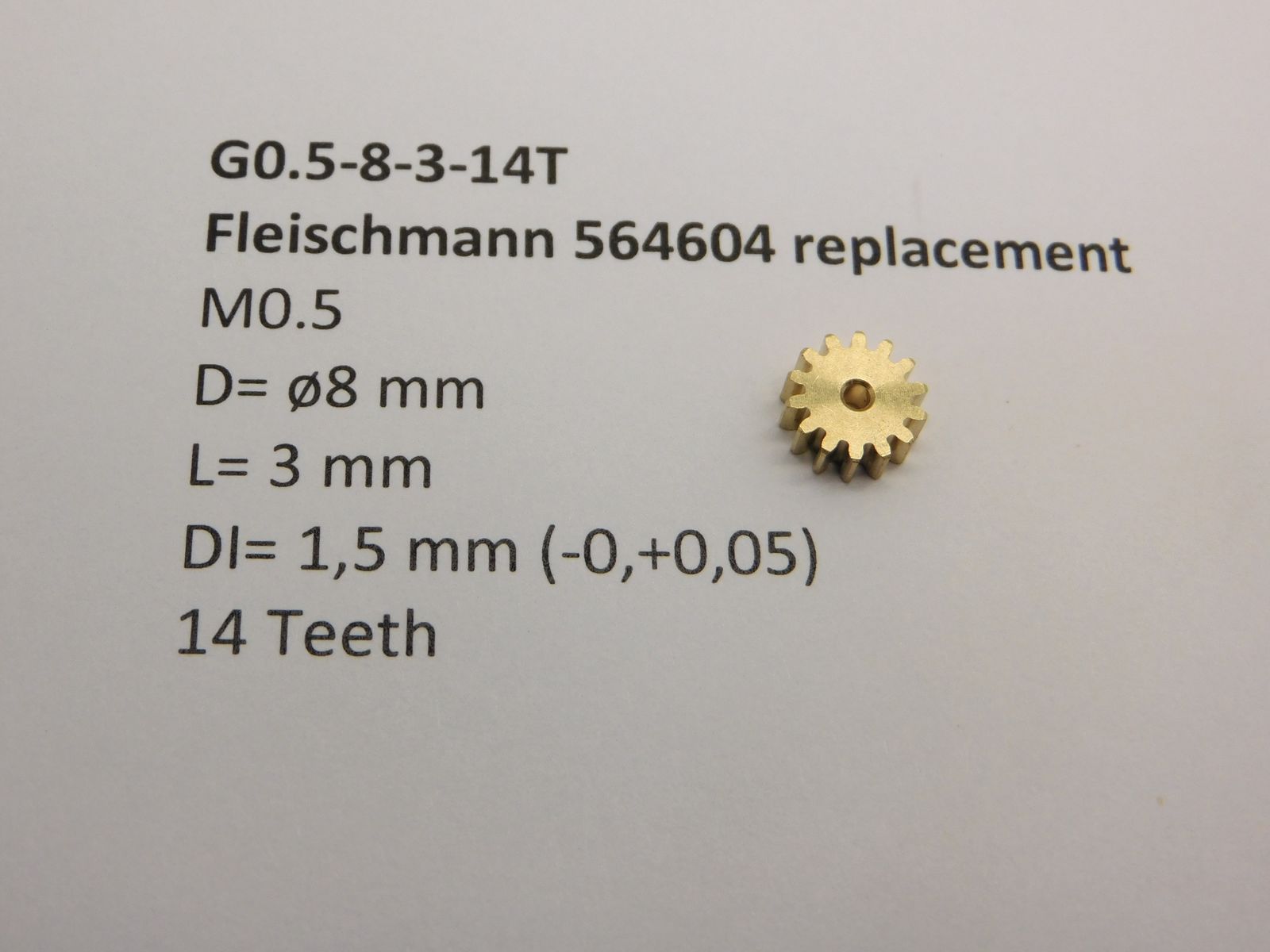 Gear M0.5 D=ø8 L=3 DI=1.5 mm, 14T