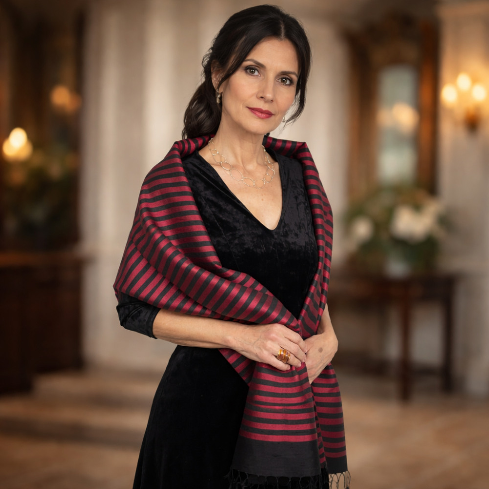 Magda MörkRöd-Svart Sidensjal 