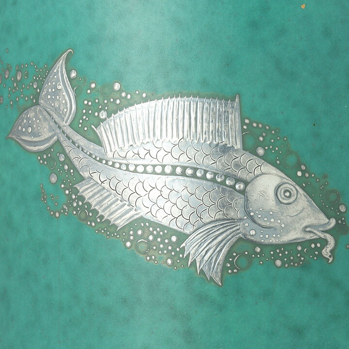 ヴィルヘルム・コーゲ  Argentaシリーズ  エメラルドグリーンのベース  魚の装飾  (28cm)  1935年