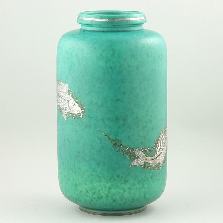 ヴィルヘルム・コーゲ  Argentaシリーズ  エメラルドグリーンのベース  魚の装飾  (28cm)  1935年