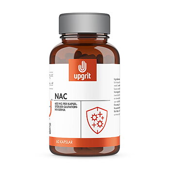 En brun transparent burk med ett silvrigt lock. Etiketten är vit och orange med svart text NAC.