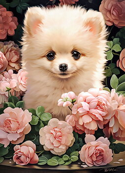 Pomeranian Puppy in Roses, puslespil med 300 brikker (B-030552)