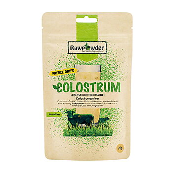 En stående papp-påse med tryck text på där det står colostrum