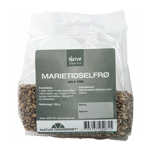 En liten genomskinlig påse med en mörkgrön etikett på som det står Marietidsel på. 