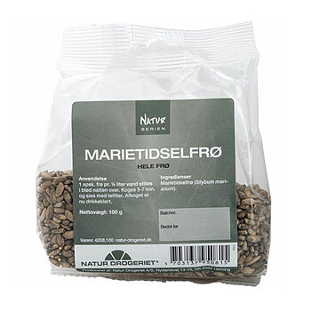 En liten genomskinlig påse med en mörkgrön etikett på som det står Marietidsel på. 