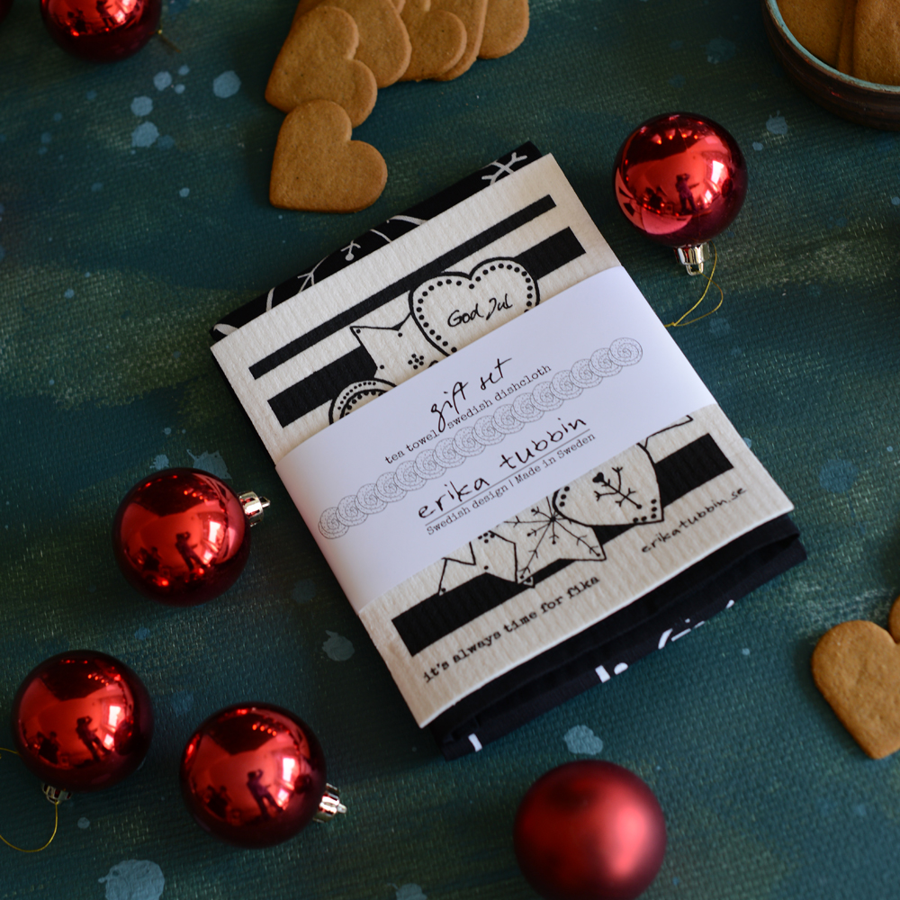 gåvoset FIKA GINGERBREAD | PEPPARKAKA kökshandduk + disktrasa svart-vit - 2