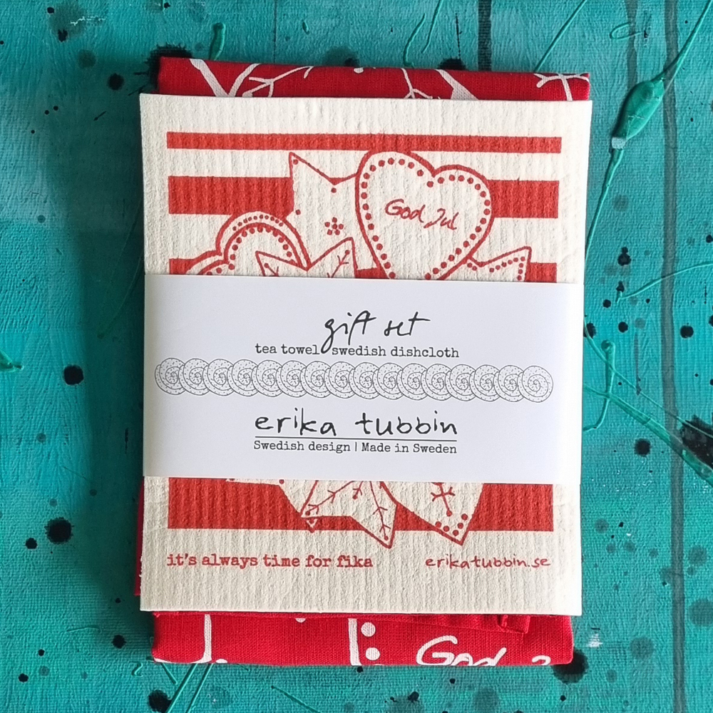 gift set FIKA GINGERBREAD tea towel + dishcloth red-white