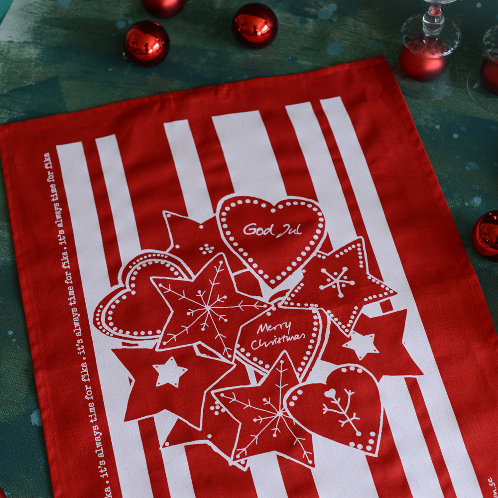 gift set FIKA GINGERBREAD tea towel + dishcloth red-white - 3