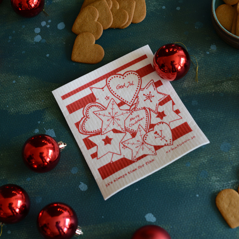 gift set FIKA GINGERBREAD tea towel + dishcloth red-white - 4
