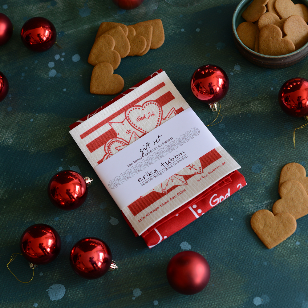 gift set FIKA GINGERBREAD tea towel + dishcloth red-white - 2