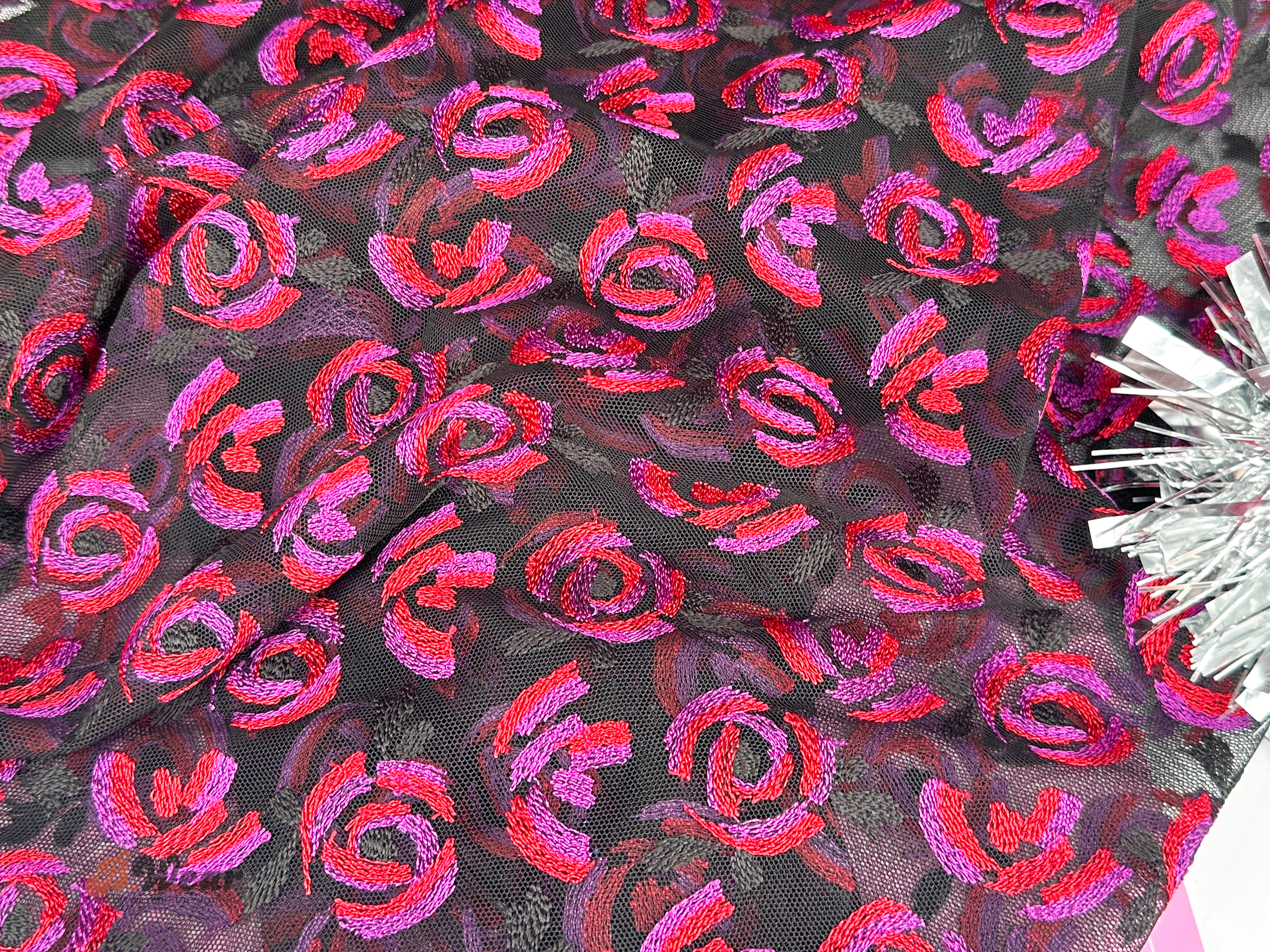 Black Mesh lace with cerise flowers on full width - 2