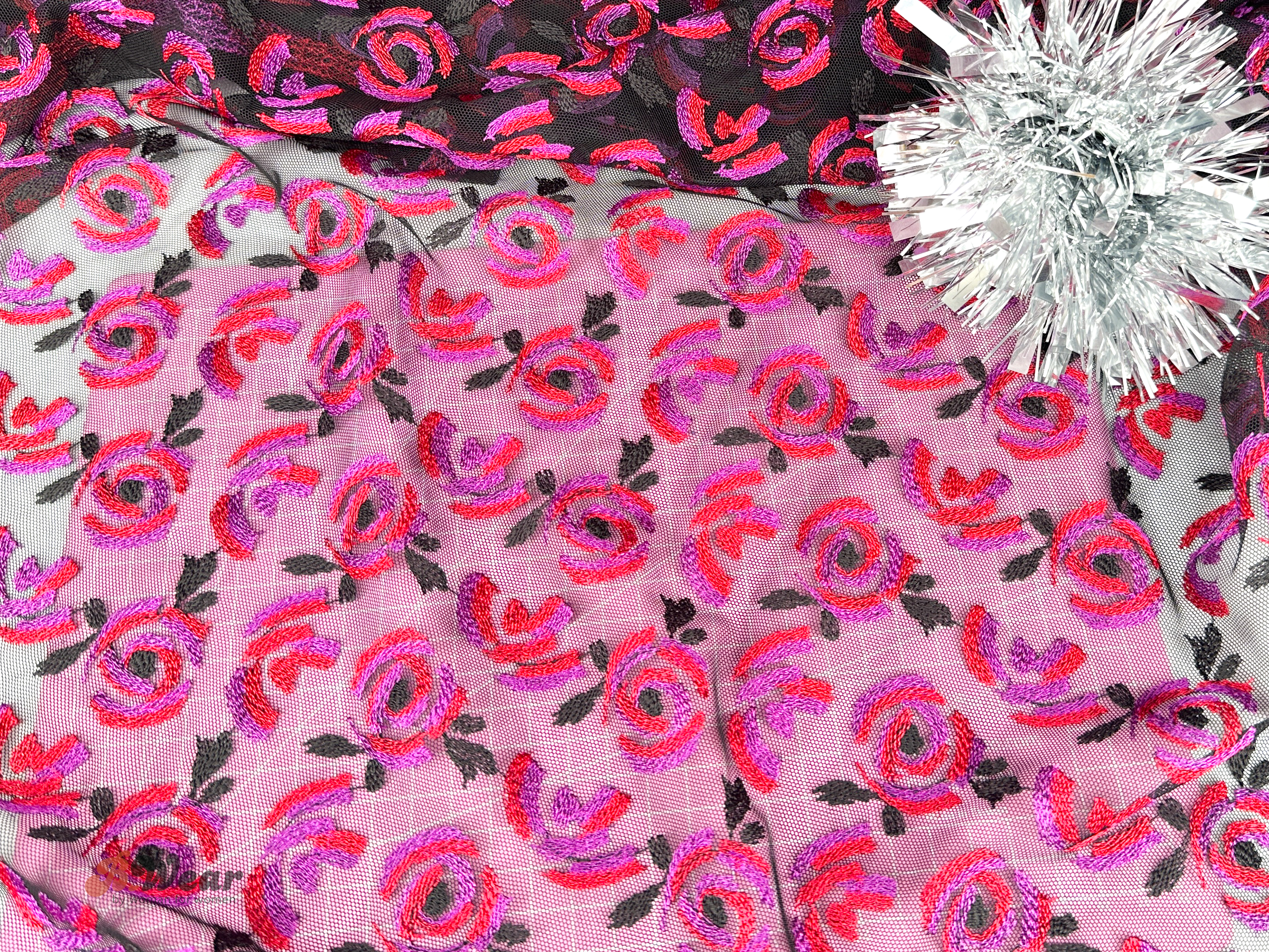 Black Mesh lace with cerise flowers on full width