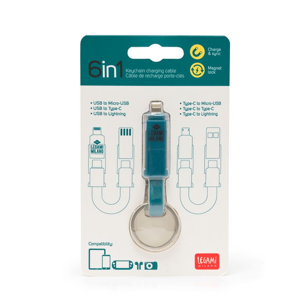Laddningskabel, 6 i 1 nyckelring, Petrol Blue