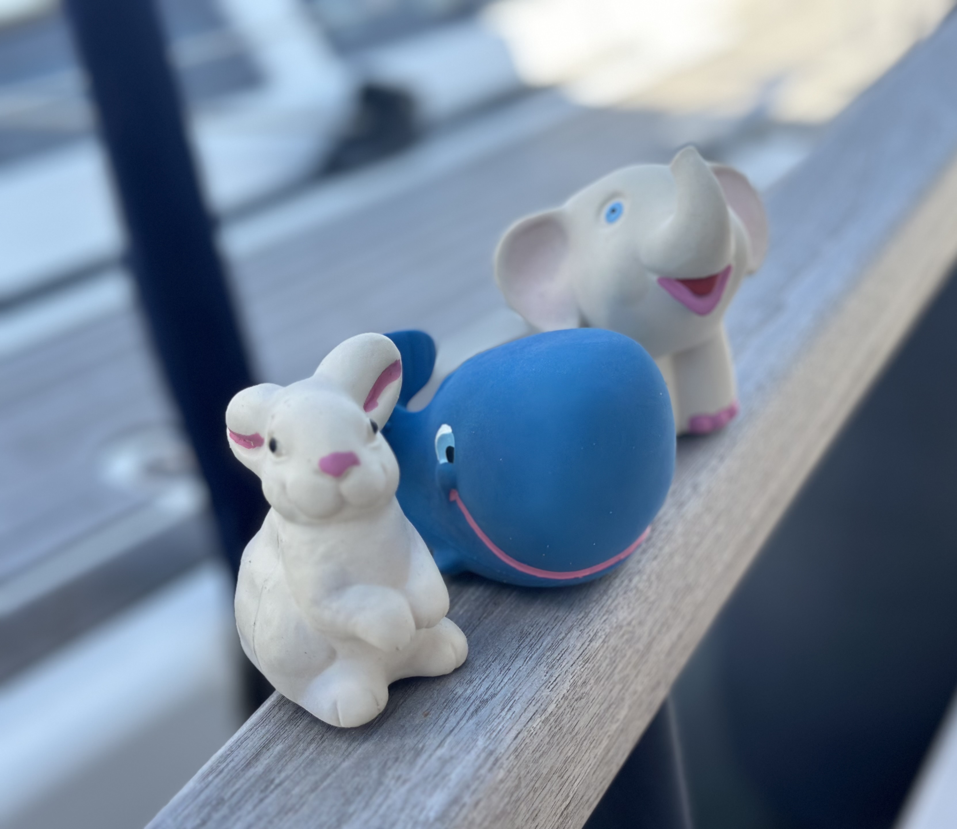 3 baddjur; kanin, val och elefant