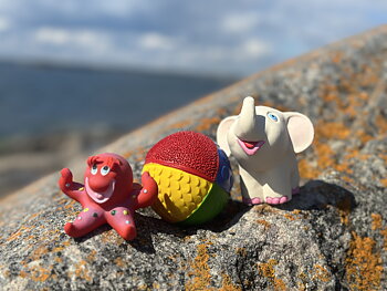 3 leksaker; sjöstjärna, boll och elefant