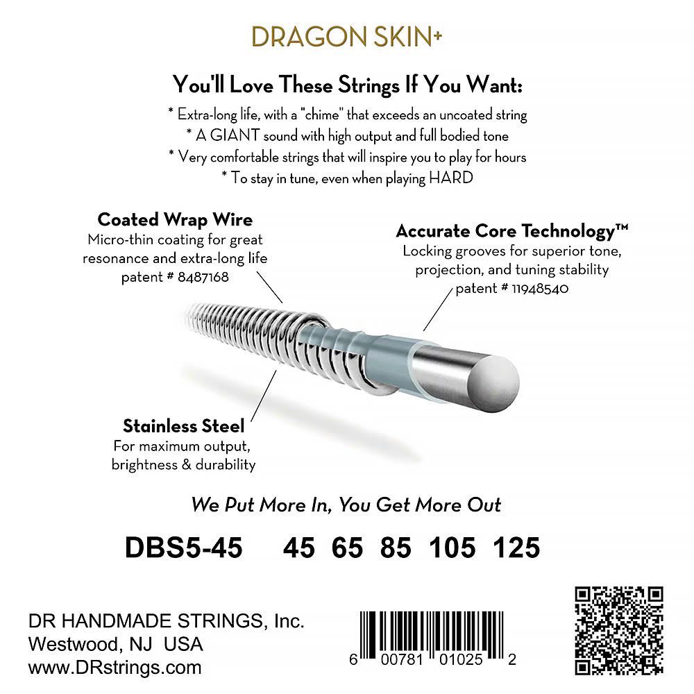 DR Dragon Skin+ DBS5-45 Stainless Steel Bass Strings 045-125 (5-string) - 2