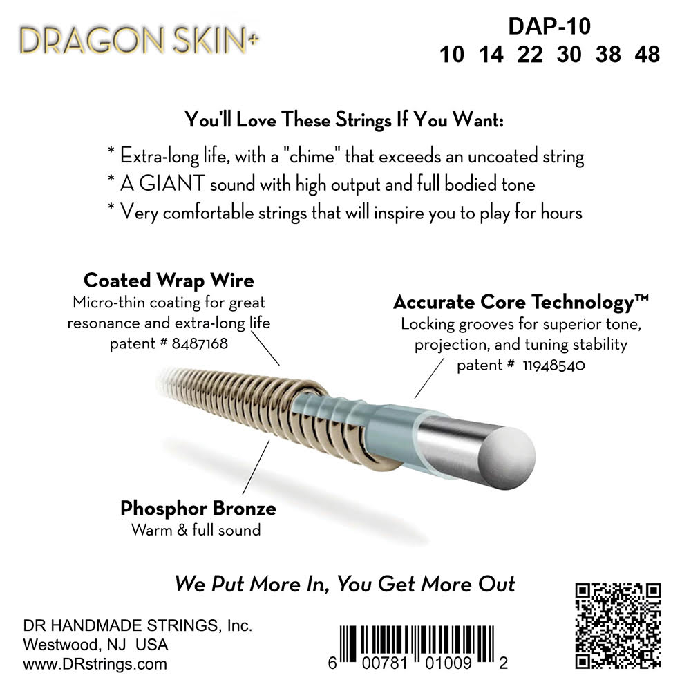 DR Dragon Skin+ DAP-10 Phosphor Bronze Acoustic Strings 010-048 - 2