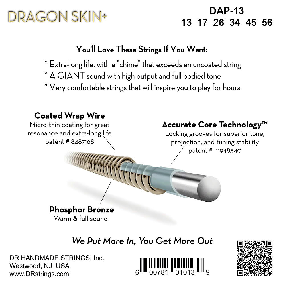 DR Dragon Skin+ DAP-13 Phosphor Bronze Acoustic Strings 013-056 - 2