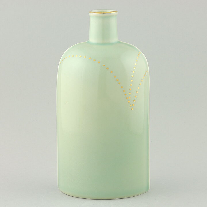 Kerstin Hörnlund (1980s) Green Bottle Vase with Golden Decor 19 cm