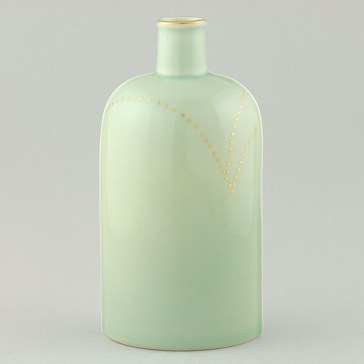 Kerstin Hörnlund (1980s) Green Bottle Vase with Golden Decor 19 cm