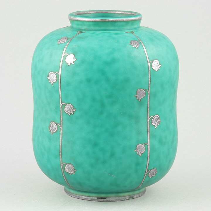 Wilhelm Kåge (Argenta 1959) Green Vase with Lily of the Valley Flower Motif 12 cm