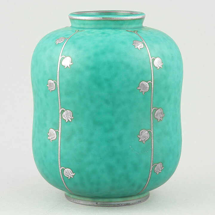 Wilhelm Kåge (Argenta 1959) Green Vase with Lily of the Valley Flower Motif 12 cm