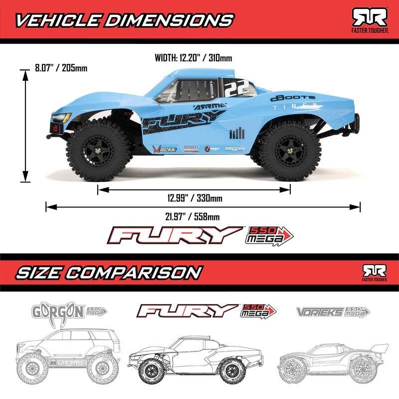 ARRMA 1/10 FURY MEGA 550 2WD Short Course Truck RTR with Battery & Charger, Blue - 22