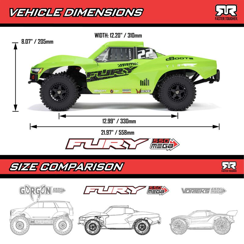 ARRMA 1/10 FURY MEGA 550 2WD Short Course Truck RTR, Green - 27